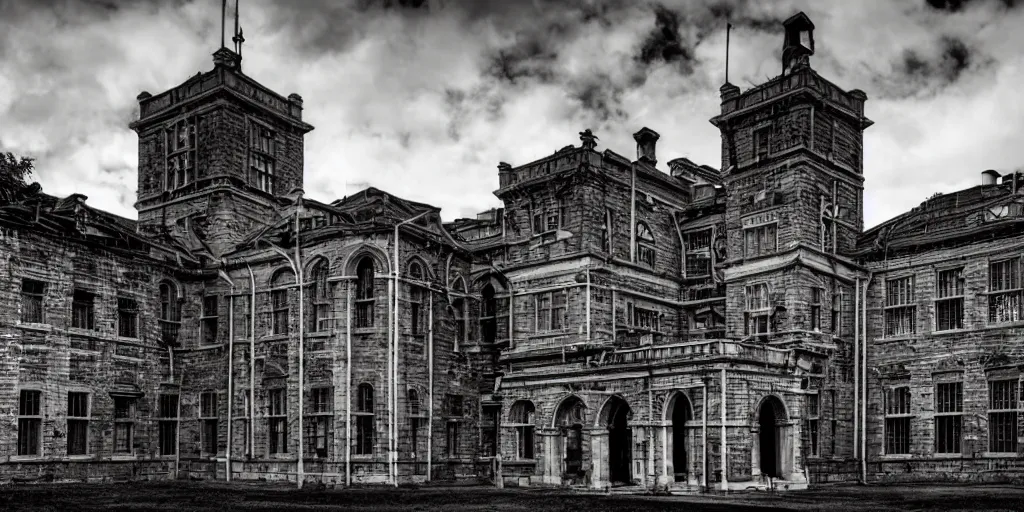 Prompt: Lunatic Asylum, exterior, majestic, detailed, epic scenery, dark fantasy, ominous, eerie