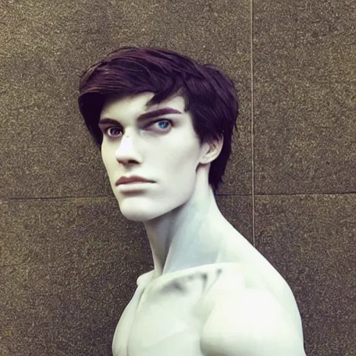 Image similar to “a realistic detailed photo of a guy who is an attractive humanoid who is half robot and half humanoid, who is a male android, twitch streamer and youtuber Ludwig Ahgren, shiny skin, posing like a statue, blank stare”