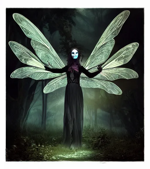 Image similar to gothic fairy with dragonfly wings, digital painting, liminal eerie midnight backlit, a picture taken by Michael Komarck