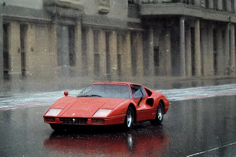 Prompt: 1982 photograph of a single Ferrari GTO, raining, wet and reflective, movie still, cinematic Eastman 5384 film