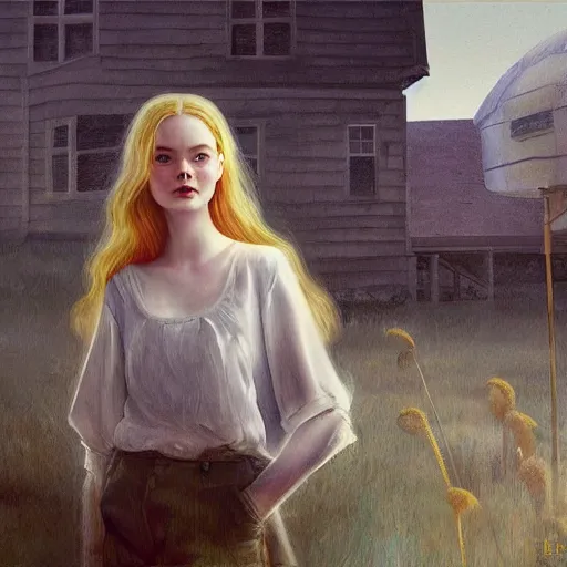 Prompt: Elle Fanning in the painted world of Rivet City, head and shoulders masterpiece, apocalypse, golden hour, cosmic horror, artstation, in the style of Andrew Wyeth and Edward Hopper and Bosch, extremely detailed