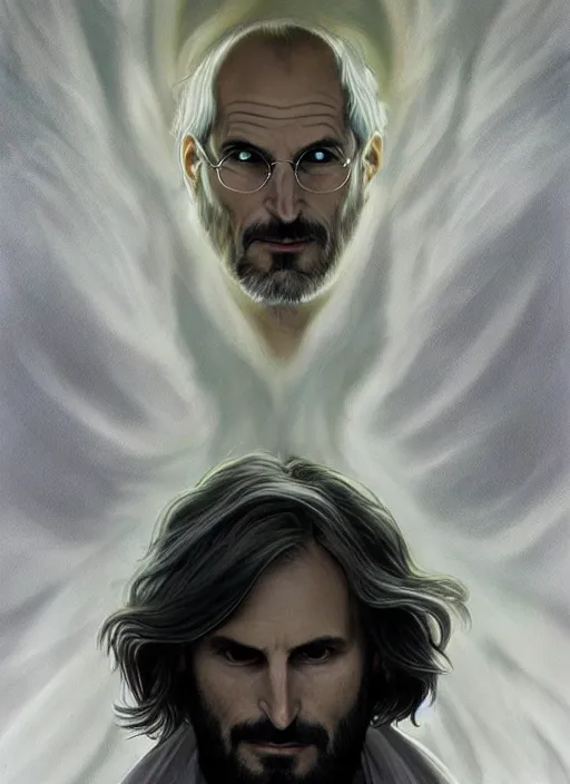 Image similar to portrait of steve jobs, white glowing eyes, silver shaggy hair, cloak, ethereal wings, male, fantasy, extremely detailed, digital painting, artstation, concept art, smooth, sharp focus, illustration, stunning lighting, art by artgerm and alphonse mucha and simon stalenhag, realistic character concept, high fantasy, light atmosphere, golden ratio, cinematic lighting