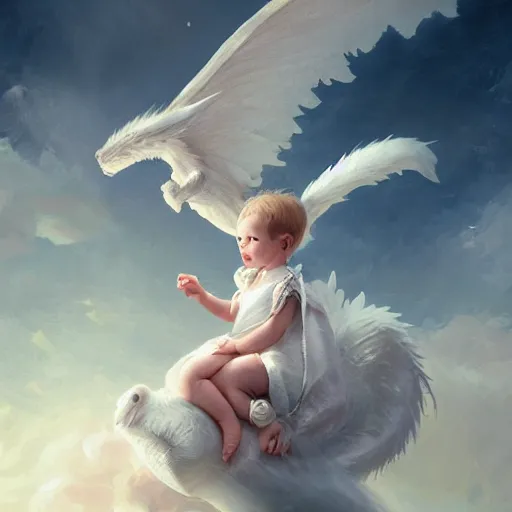 Image similar to a whimsical portrait of a little baby angel on a cute white dragon floating in the sky by Greg Rutkowski, ultra realistic, photorealistic 8k, cinematic lighting, HD, high detail, atmospheric, trending on artstation