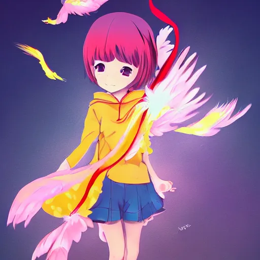 Image similar to anime painting cute phoenix zipping around, wanting to explore and investigate everything. kawaii, cute, adorable, chibi, digital art, trending on artstation, stylized, colorful feathers, anime art by Kuvshinov Ilya, lariennechan, Aokamei