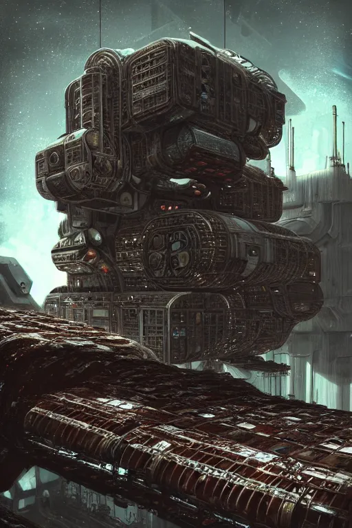 Prompt: a space station made of rusty meat machine, megastructure, impressive sense of scale, bio factory, concept art by giger, cgsociety, assemblage, greeble, grotesque, huge scale, monolithic structure