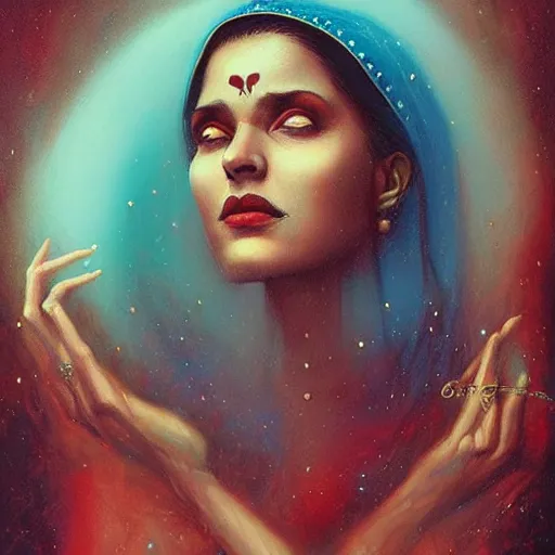 Image similar to old Desi majestic lady guru, looking upwards, despair, kneeling, mystic, blue, by Anato Finnstark, Tom Bagshaw, Brom