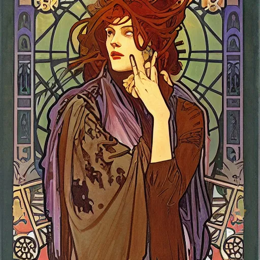 Image similar to lovecraftian protagonist by alphonse mucha