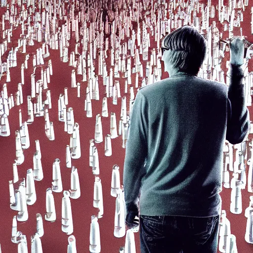 Prompt: bill gates standing in front of a gigantic mountain of realistic syringes by junji ito and francis bacon, hunter s thompson feeling of grimdark, sharp focus, fiction, hyper detailed, digital art, trending in artstation, cinematic lighting, studio quality, smooth render, unreal engine 5