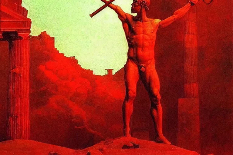 Image similar to only with red, a red melted apollo with a laurel wreath and a flaming sword announce the win, athens in the background, in the style of beksinski, part by hopper, part by rodcenko, part by hofbauer, intricate composition, red by caravaggio, insanely quality, highly detailed, masterpiece, red light, artstation