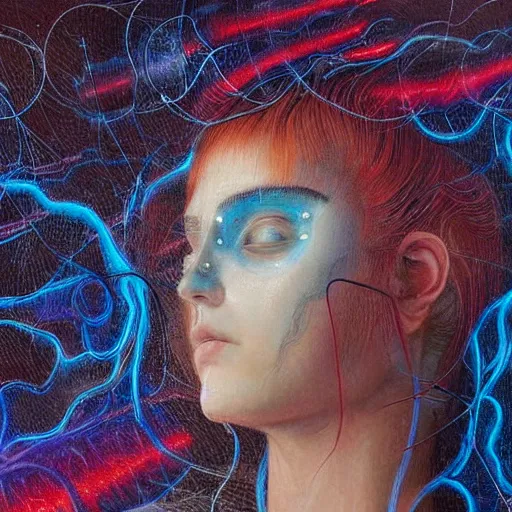 Image similar to painting of a close - up on the face of a cyberpunk girl, into a trance and closed eyes, connected by cables in her head, in the style of agostino arrivabene, renaissance, dark, surrealism, low contrast, blue, red, pink, cyan, sacred geometry, intricate