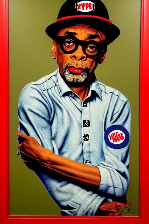 Image similar to spike lee by gil elvgren and norman rockwell and rob gonsalves and hajime sorayama, hyperrealistic, high detail, ultra detailed, highly detailed face, ruffled fabric