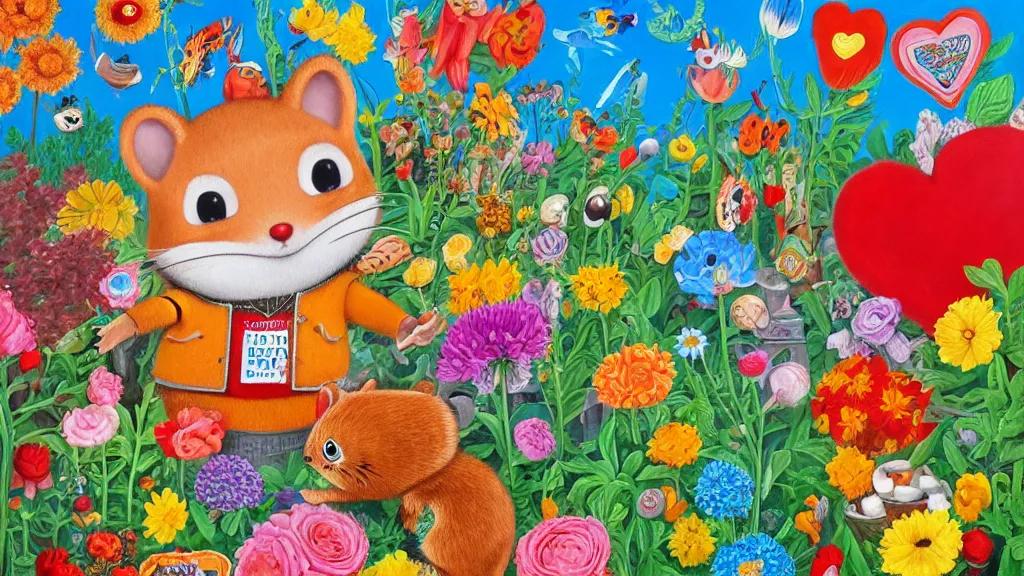 Prompt: highly detailed richard scarry oil painting of a heart surrounded by all the known species of flowers