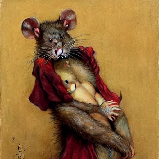 Image similar to a portrait of a furry rat wearing a red kimono, hairy, furry body, furry arms, feet, tail. highly detailed painting by gaston bussiere, craig mullins, j. c. leyendecker, furry