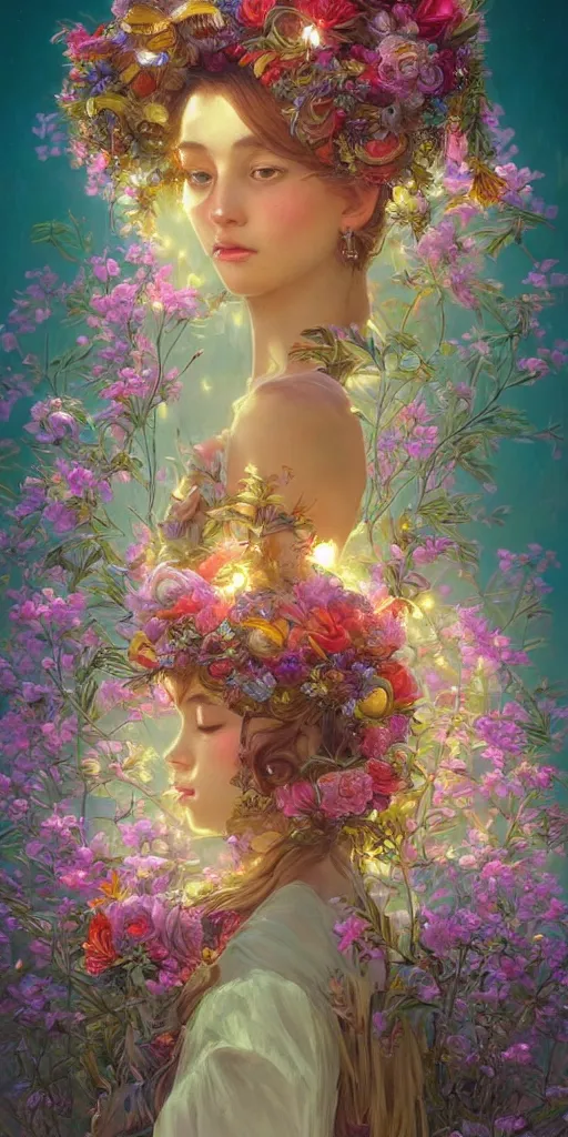 Prompt: 🌲🌌, innocence, light, vaporwave aesthetic, synthwave, colorful, psychedelic, crown, long gown, flowers, bees, butterflies, ribbons, ornate, intricate, digital painting, artstation, concept art, smooth, sharp focus, illustration, art by artgerm and greg rutkowski and alphonse mucha