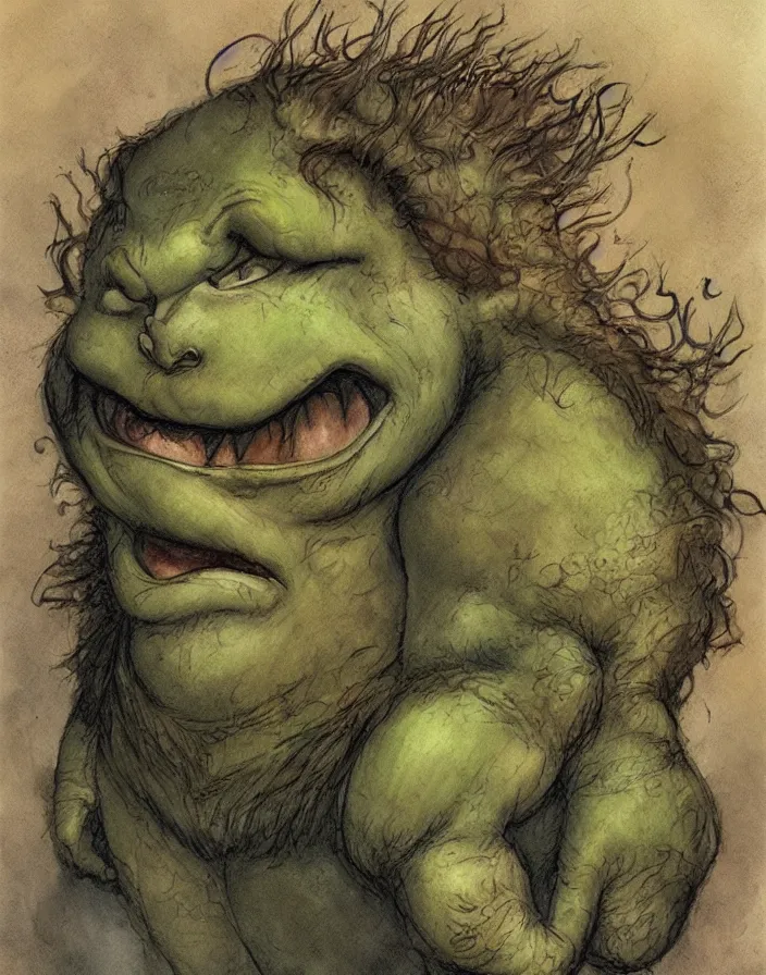 Prompt: cute little ogre, in the style of Tony Diterlizzi and Brian Froud, painterly