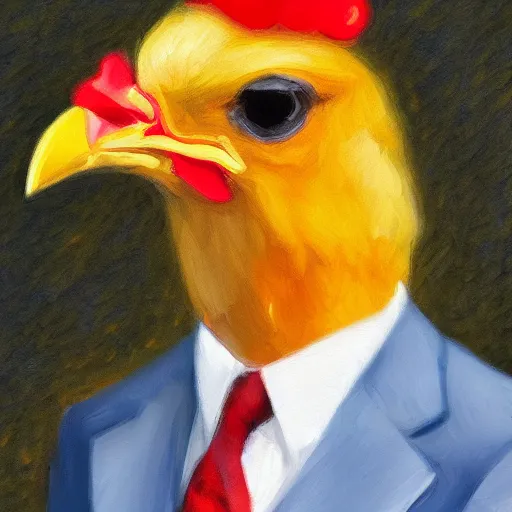 Image similar to a high quality photo of a chicken wearing a suit, Impressionism, 8k