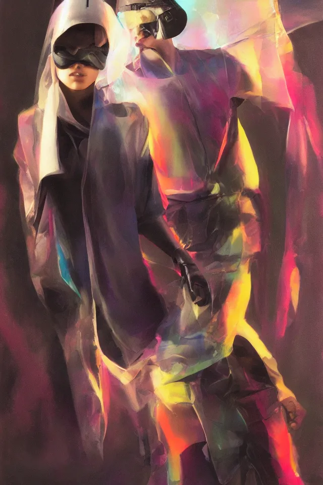 Prompt: digital fashion, androgynous person, tactical poncho latex rags, wearing a visor, techwear, iridiscent light, high key, cinematic lighting at night, neon, phil hale, boris vallejo, alberto mielgo, patrick o'keeffe