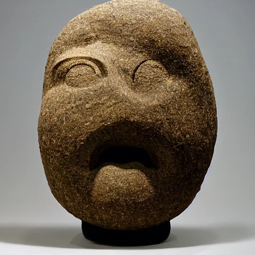 Image similar to cosy, chaotic by robert gillmor. a mixed mediart of a large granite boulder carved to resemble a human face. the nose is slightly upturned, & the eyes & mouth are closed.