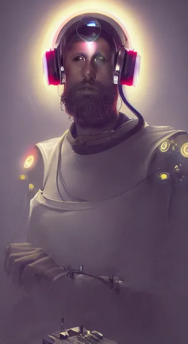 Image similar to full length portrait of a catholic cyborg saint djing with headphones on and a halo, high detail, hyper - realism, 4 k, by greg rutkowski and asher brown durand, trending on artstation