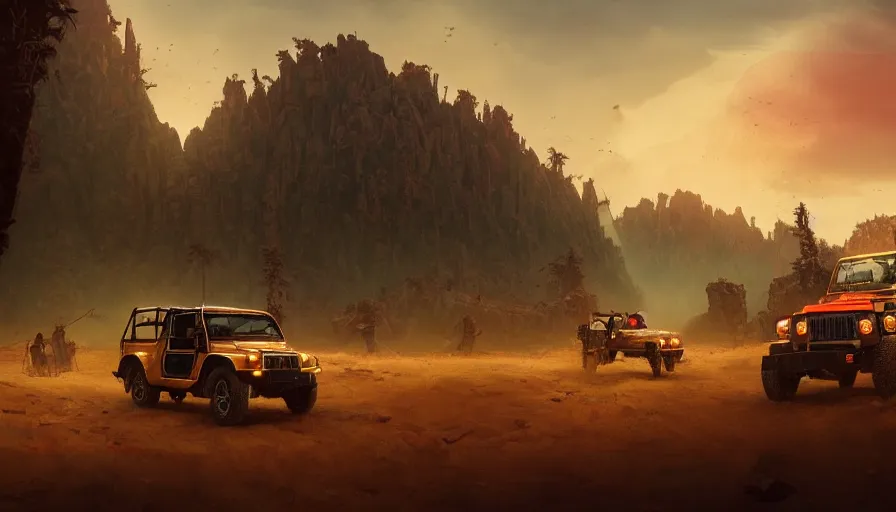 Image similar to Mahindra thar, tribe members watching nearby, an epic fantasy, dramatic lighting, cinematic, establishing shot, extremely high detail, photorealistic, cinematic lighting, artstation, by simon stalenhag, horizon forbidden west