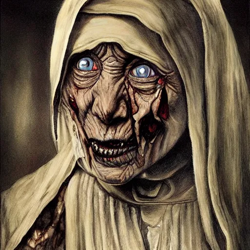 Image similar to a hyperrealistic painting of mother theresa as a zombie at jesus'crucifixion, by santiago caruso, highly detailed, sharp focus,