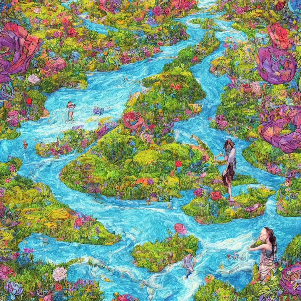 Image similar to surrealist painting with a river running through the middle going off into the infinite distance with a girl throwing rocks into the river with whimsical trees and flowers and scenery, 8 k, trending on artstation, illustration, mixed collage media, hyper detailed, simple lines, warm epic colors