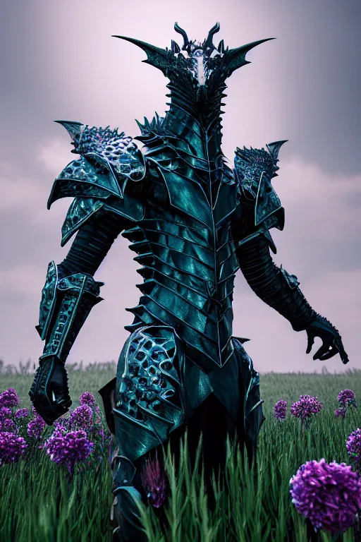 Prompt: high quality 3 d neo - gothic armored human dragon hybrid holding sword in a field of flowers, highly detailed unreal engine, vitaly bulgarov dramatic dark teal light, ground angle uhd 8 k, sharp focus