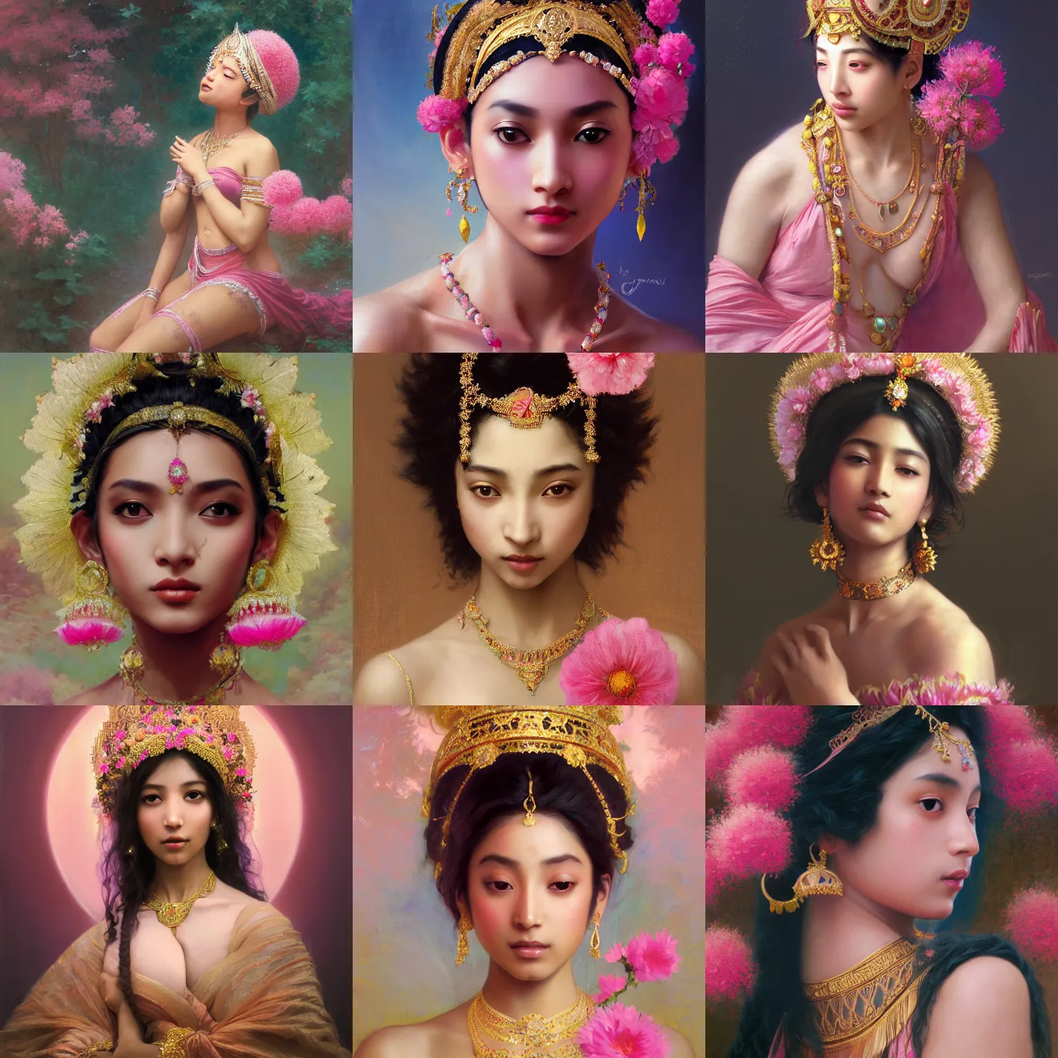 Prompt: expressive oil painting, of indian princess, smooth glowing skin, ornate headpiece made from pink flowers, glamour shot, model pose, by yoshitaka amano, by bouguereau, by greg rutkowski, by jeremyg lipkinng, by artgerm, digital art, octane render