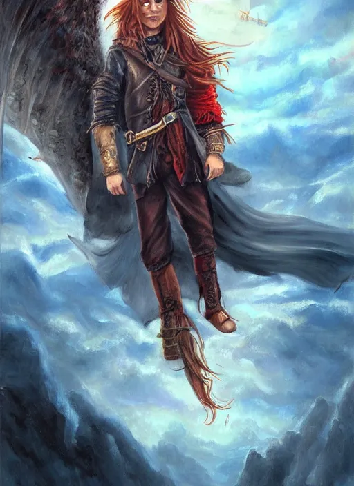 Image similar to epic fantasy portrait painting of a long haired, red headed male sky - pirate in front of an airship in the style of the death note