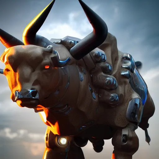 Prompt: a cyborg ( bull ) modeled after a bull looking into the camera, android, cyborg, half body, intricate, 3 d, hyper realism, fantasy, depth of field, octane render, symmetrical, highly detailed, digital art, artstation, concept art, cinematic lighting, trending