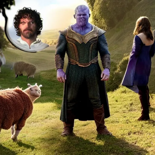 Prompt: heavily upvoted, Thanos as Frodo Baggins, photobomb by an alpaca, the shire, short person, the ring, lord of the rings