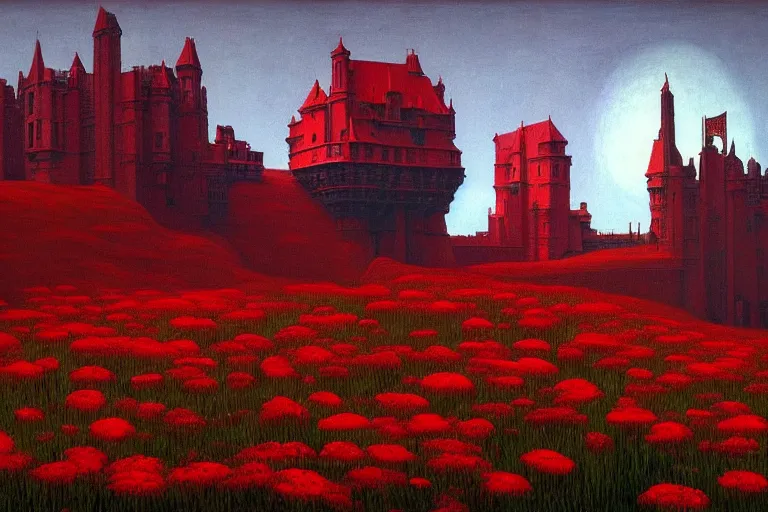 Prompt: only with red, a red expanse of flowers of different types, castle in background, medieval goblins, in the style of beksinski, parts by edward hopper, parts by rodcenko, parts by yue minjun, intricate and epic composition, red by caravaggio, insanely quality, highly detailed, masterpiece, red light, artstation, 4 k
