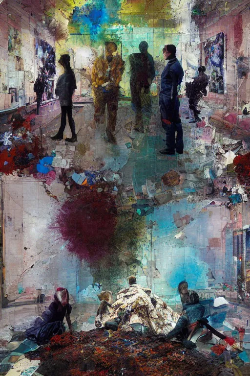 Image similar to a beautiful glitched painting by robert proch of people in front of a painting in a museum gallery, metal rust and plaster materials, pixel sorting, color bleeding, brushstrokes by jeremy mann, still life, dark colors