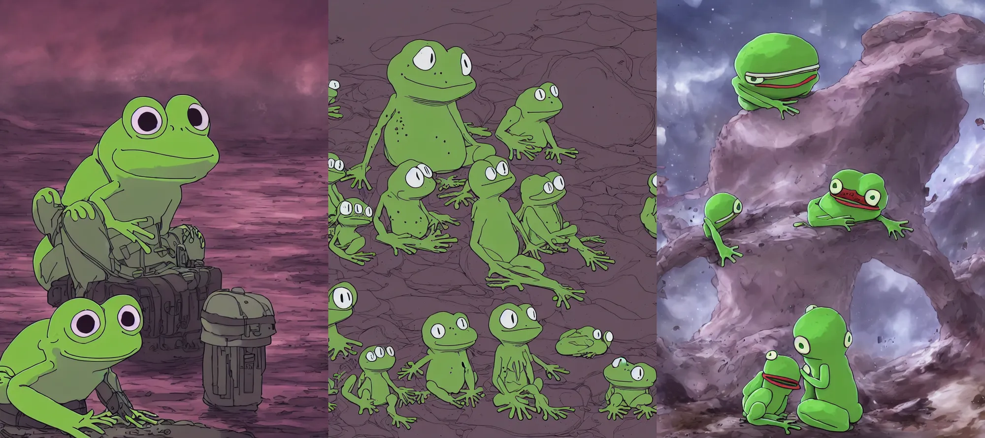 Prompt: resolution 4k worlds of loss and depression made in abyss design Akihito Tsukushi design body pepe the frog war a bloody conflict visceral military sitting by an ocean of blood the group of pepes sitting at the shore dream like end of evangelion , fractals , pepe the frogs at war, art in the style of and Oleg Vdovenko and Akihito Tsukushi ,Stefan Koidl