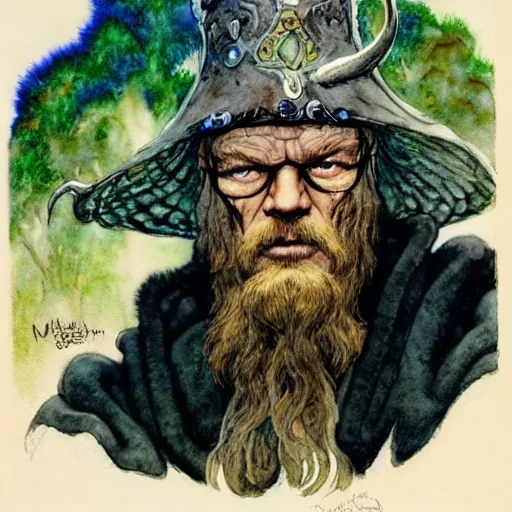 Image similar to a realistic and atmospheric watercolour fantasy character concept art portrait of urho kekkonen kekkonen kekkonen kekkonen kekkonen kekkonen as a druidic warrior wizard looking at the camera with an intelligent gaze by rebecca guay, michael kaluta, charles vess and jean moebius giraud