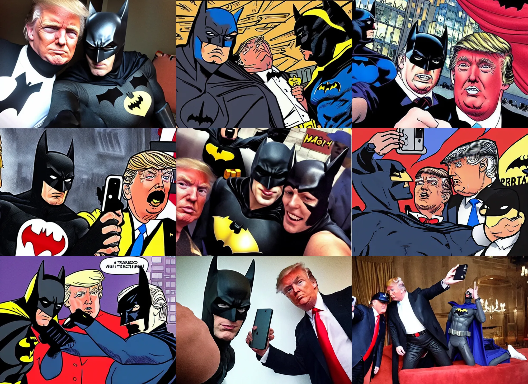 Prompt: Batman taking a selfie with Donald Trump