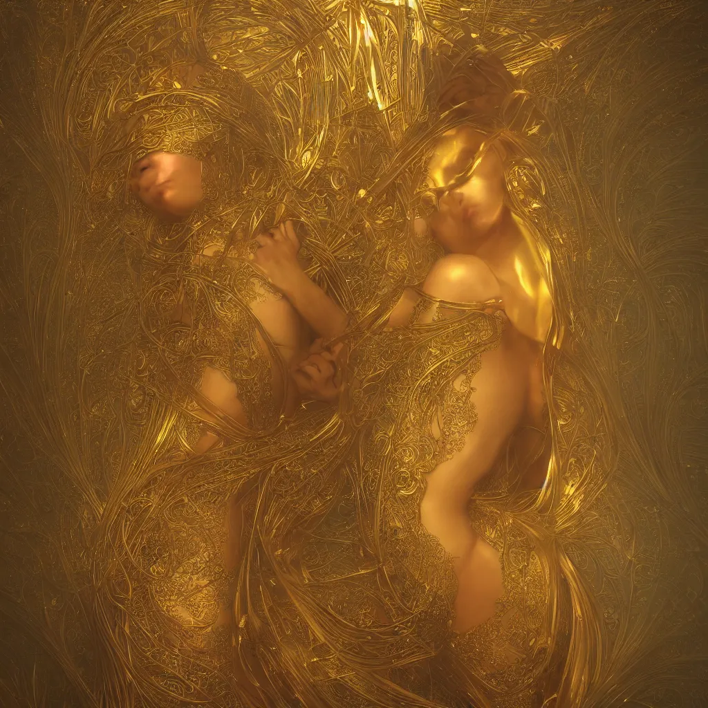 Prompt: radiant human body with thin golden lines, sparks and white cloth, Art Nouveau, Alphonse Mucha, cinematic realistic photo, octane render