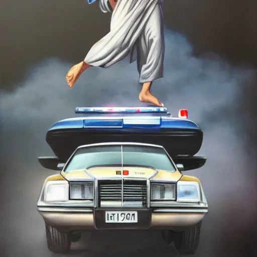 Image similar to hyperrealism painting of jesus christ standing on top of a police car in a police chase