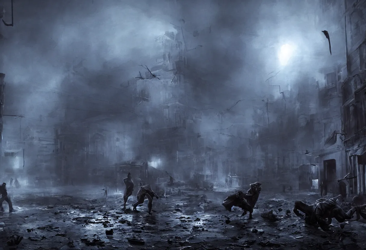 Prompt: crime and punishment, blood and violence, omnious dark blue fog in background, cinematic lighting, apocalyptic, atmospheric, hyper realism, realistic, octane render, dramatic lighting, highly detailed, cinematic, art by rutkowski and dore