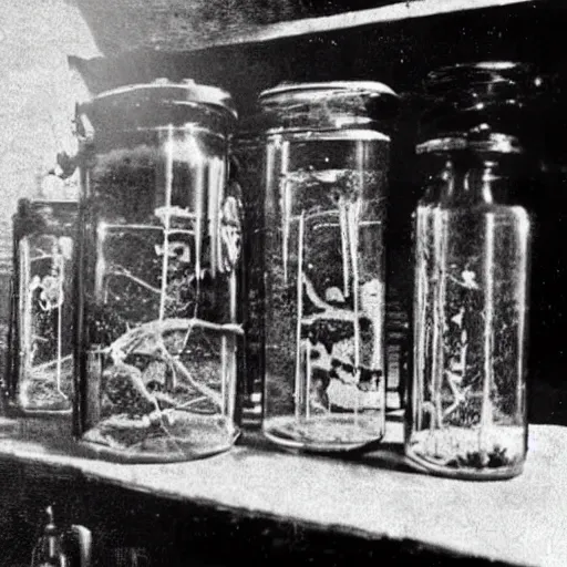 Prompt: real photo of lovecraftian secret cellar with aliens in jars and operating table