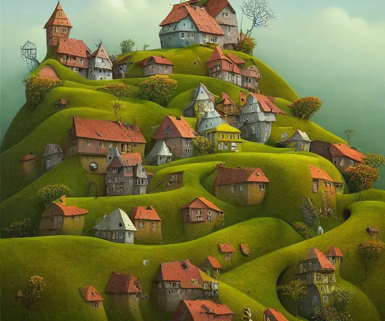 Prompt: Gediminas Pranckevicius a painting of a house on a hill, a detailed matte painting by Jacek Yerka, cg society contest winner, naive art, storybook illustration, 2d game art, matte background