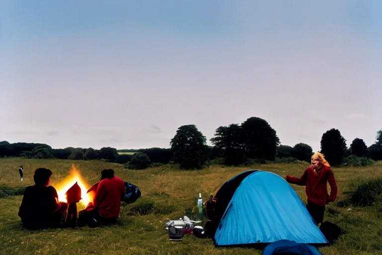 Image similar to candid photo of 3 teenagers camping at Glastonbury, UK, Kodak Portra 200,8K,highly detailed: beautiful perspective closeup environmental portrait photo in style of 2000s retrofuturism, cinema lighting , by beksinski, photography fashion edition, tilt shift, highly detailed, focus on man ;blonde hair;blue eyes, clear eyes, soft lighting