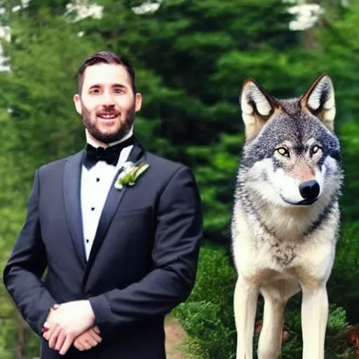 Prompt: man wearing a tuxedo standing next to a wolf
