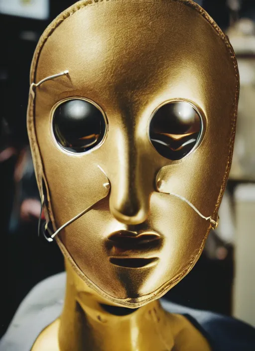 Prompt: a fashion portrait photograph of a mannequin wearing a metal mask with big spheres designed by wes anderson, 3 5 mm, color film camera, pentax