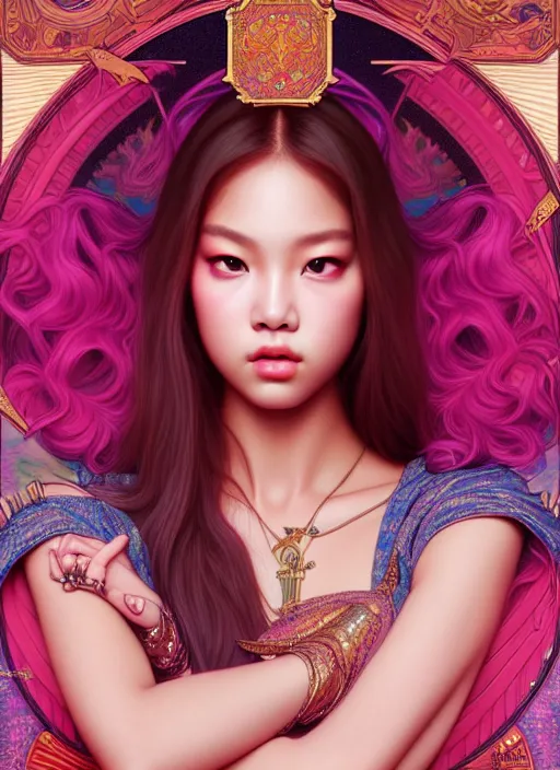 Image similar to jennie of blackpink, queen, tarot card, highly detailed, digital painting, smooth, sharp focus, illustration, ultra realistic, unreal engine, 8 k, art by artgerm and alphonse mucha