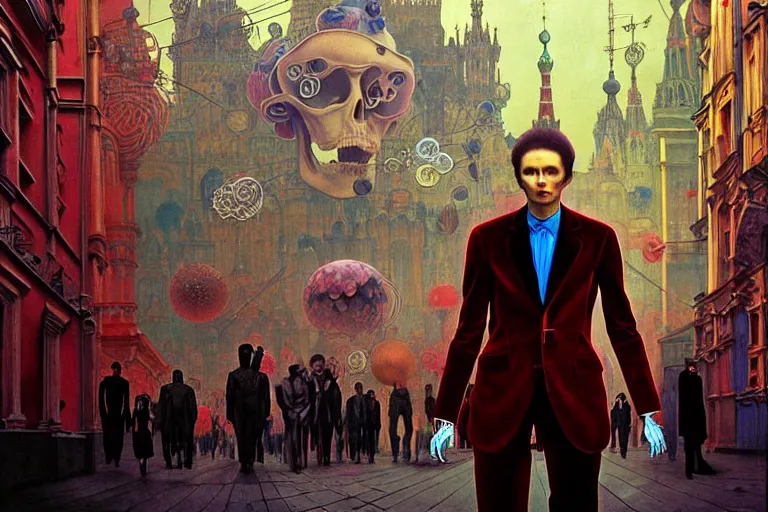 Image similar to realistic detailed photorealistic film portrait shot of a single skeleton wearing crimson velvet blazer in a crowded futuristic moscow street by Denis Villeneuve, Amano, Yves Tanguy, Alphonse Mucha, Ernst Haeckel, Andrei Tarkovsky, Edward Robert Hughes, Roger Dean, rich moody colours, wide angle, blue eyes