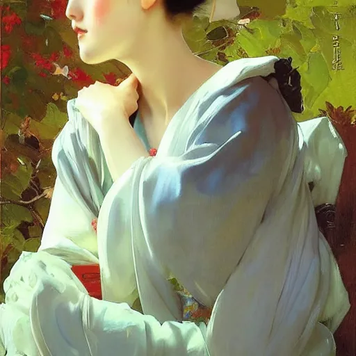 Prompt: yanjun cheng portrait of a beautiful geisha android floral pattern by norman rockwell, bouguereau