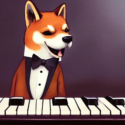 Image similar to a shiba inu man mutant playing a piano,wearing a tuxedo suit,digital art,ultra realistic,ultra detailed,art by greg rutkowski,hyperdetailed,detailed face,professional lighting,dramatic,3 point lighting