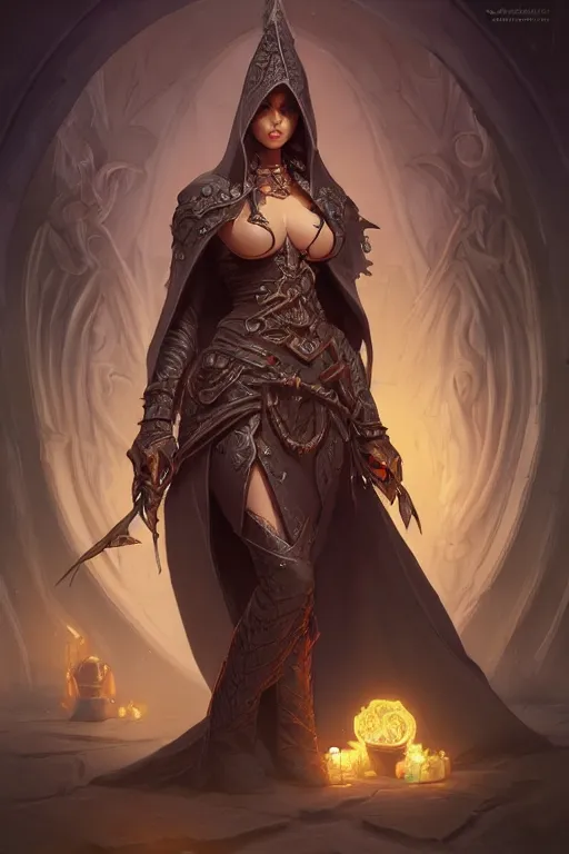 Image similar to beautiful necromancer, full body shot, hood, d & d, fantasy, intricate, elegant, highly detailed, digital painting, artstation, concept art, matte, sharp focus, illustration, hearthstone, art by artgerm and greg rutkowski and alphonse mucha