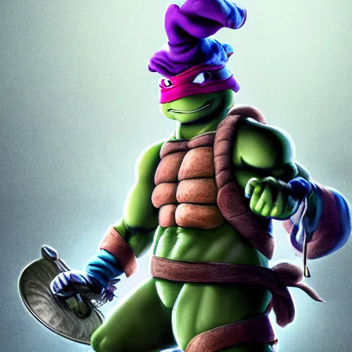 Prompt: michelangelo from tmnt with frying pan, wearing cooking toque, frying nails, volumetric lighting, realistic, photo, artstation